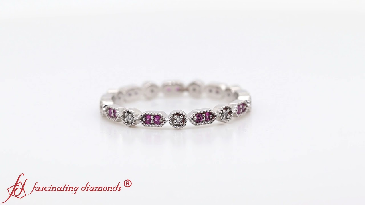 Art Deco Thin Stacking Diamond Eternity Band With Pink Sapphire In White Gold