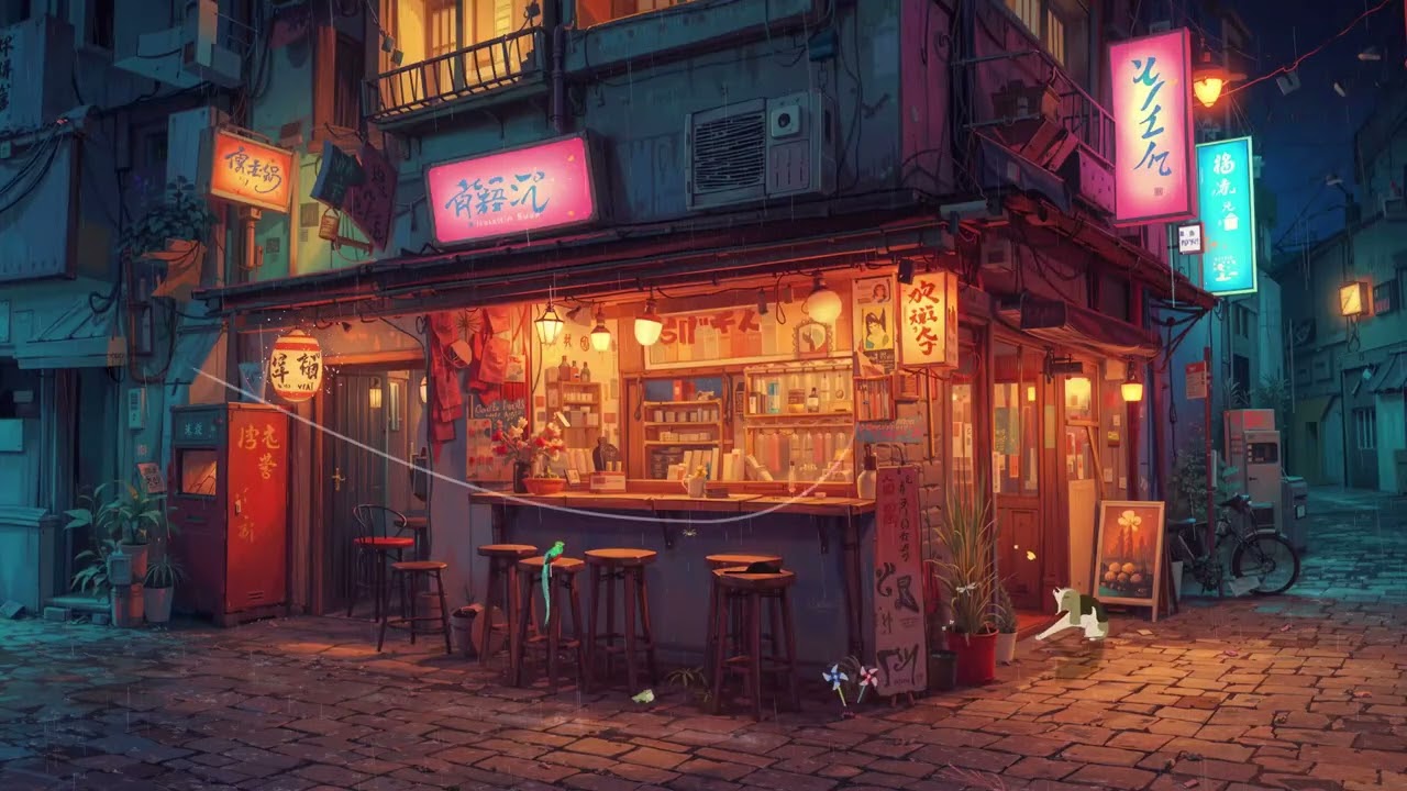 Rainy Night Neon City Cozy Street Bar 🌧️ Aesthetic 80/90s Lofi Beats for Studying & Relaxing