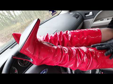 Candy Red PVC Boots Tease in car Preview
