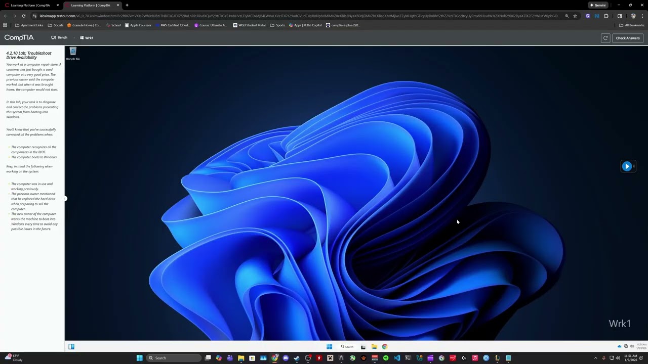 Attempting CompTIA's A+ 1201 4.2.10 Lab: Troubleshoot Drive Availability