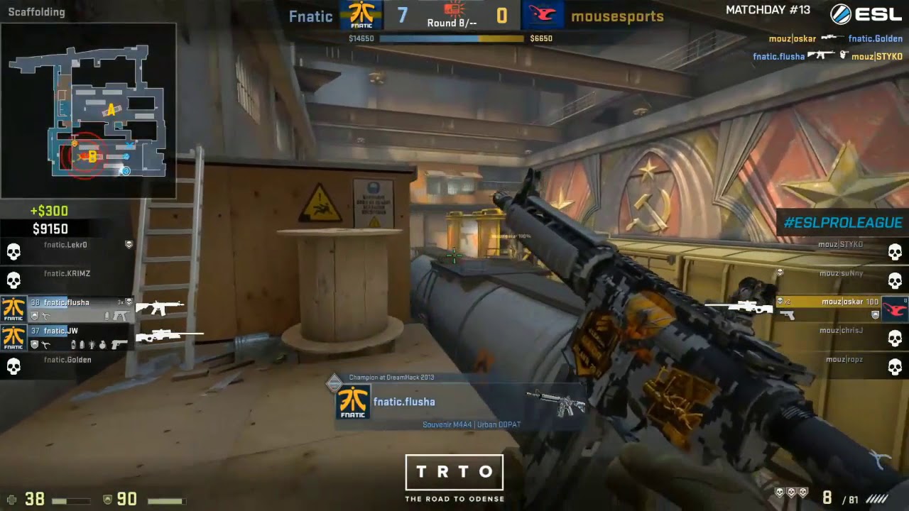 fnatic flusha's 4K with Molotov and M4A4 on Train vs mousesports @ ESL Pro League Season 6 Europe
