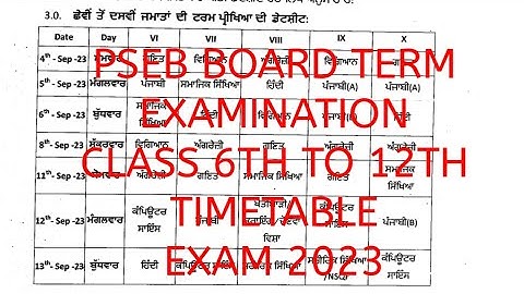 #pseb board class 6th to 12th term examination timetable September 2023