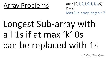 Array - 48: Longest Sub-array with all 1s if at max ‘k’ 0s can be replaced with 1s