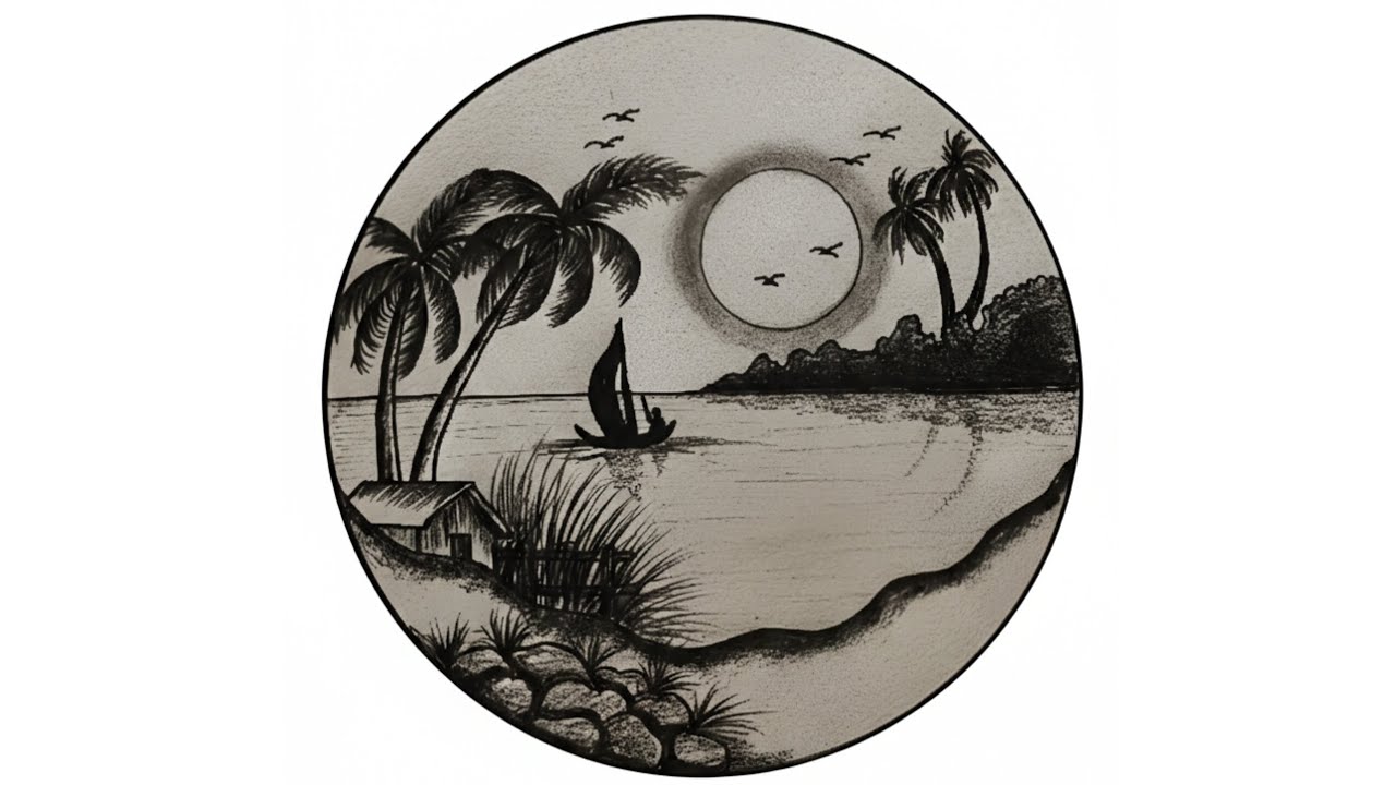 গ্রামের সূর্যোদয়ের দৃশ্য অংকন || River View Circle Scenery Drawing With Pencil.