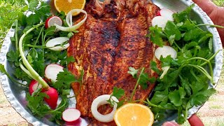 Salmon Kebab with Special Sauce:Delicious Fish Roast in Nature;Cooking Fish Roast#food کباب ماهی