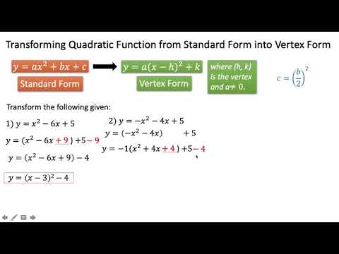 Transforming Standard Form into Vertex Form of Quadratic Function - YouTube