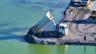 Incredible Many SHACMAN Transport Rock filling In Lake With Dozer SHANTUI Pushing Rock in lake