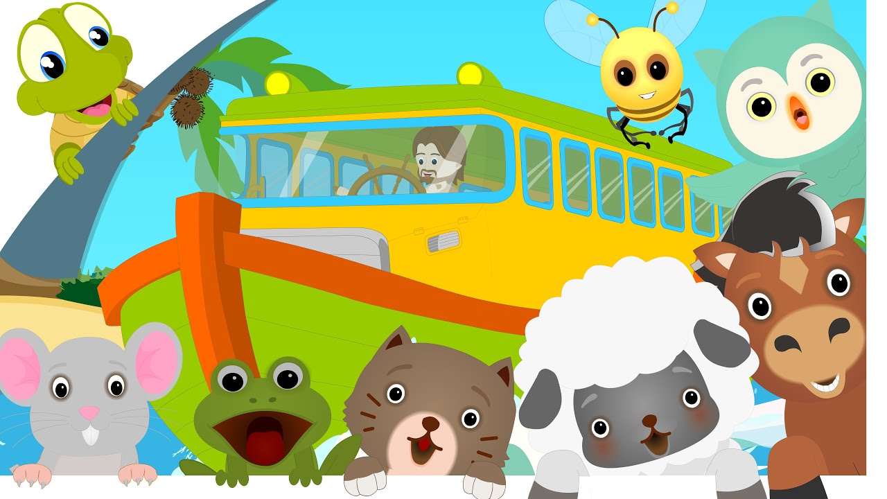 Wheels on the bus go round and round nursery rhyme Noah's ark helping