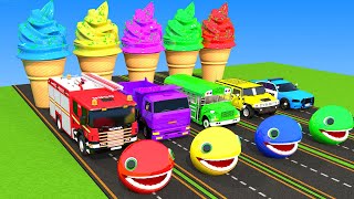 Guess The Right Door With Ice Cream Challenge Fire Truck, Pacman, Car, Mini Tractor 3D Vehicles Game