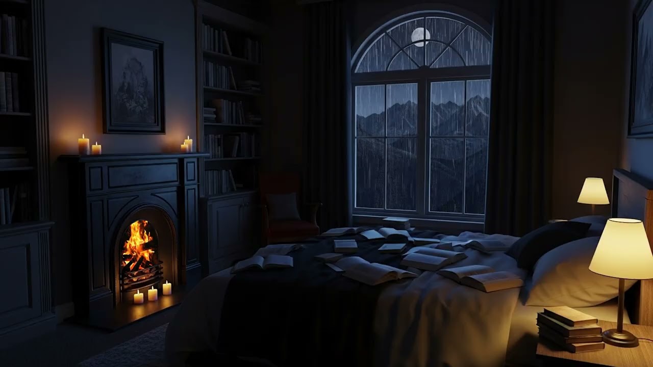 Heavy Rain by the Window 🌧️ Warm Fireplace ASMR Ambience (3 Hours)