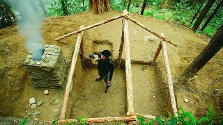 Tunneling Build a Bushcraft wooden house and clay fireplace for shelter in the woods part.1