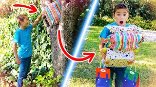 CHASSE AUX CADEAUX D'ANNIVERSAIRE DANS LE JARDIN (cache-cache cadeaux)