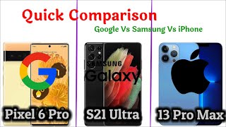 iPhone 13 Pro Max Vs Samsung Galaxy S21 Ultra Vs Pixel 6 Pro - #QuickMobilecomparison