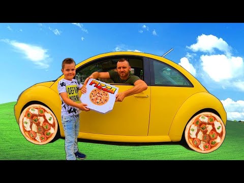 Видео: Pretend Pizza delivery | Ride on VW Bug yellow car with pizza wheels