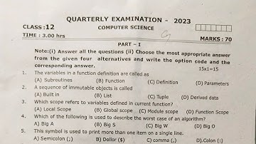 12th Computer science||Quarterly Exam 2023||Question paper and Answer key