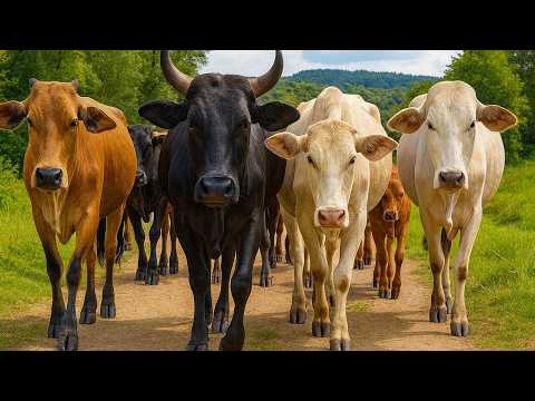 Puluhan Sapi Berjalan menuju padang rumput hijau, Suara Sapi Moo, Kawanan sapi lucu di jalan