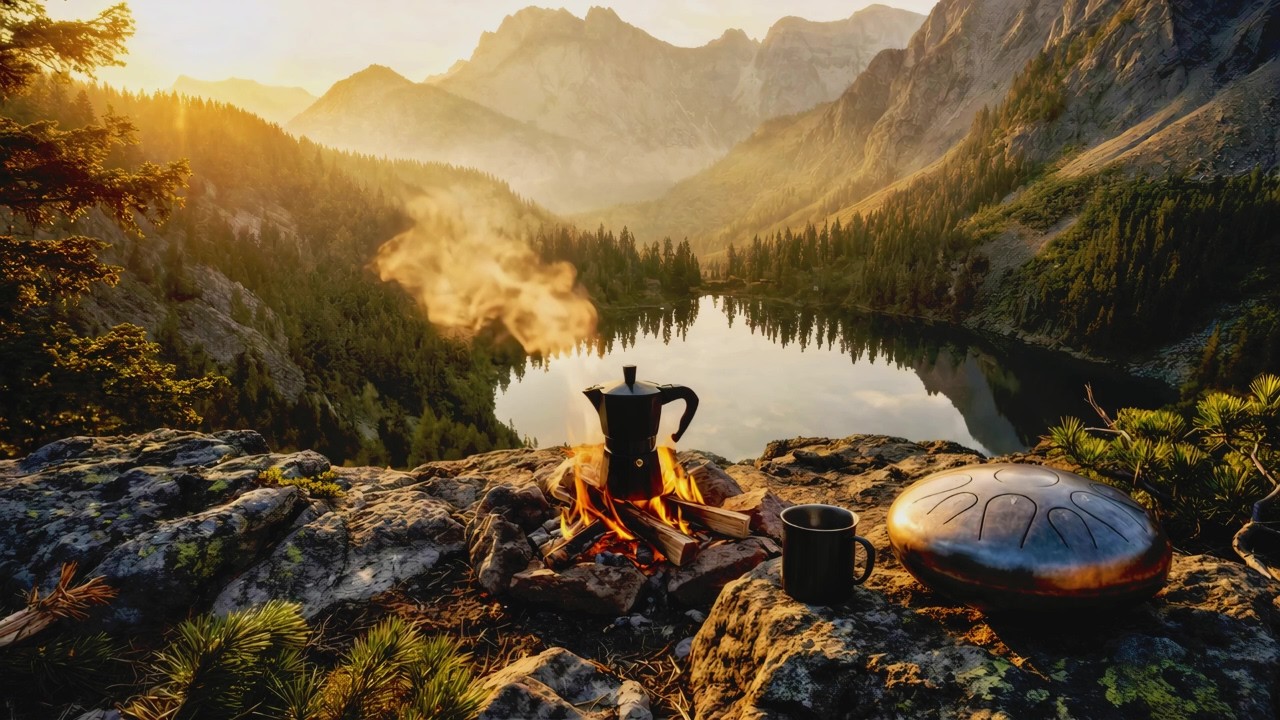 Morning Coffee in the Mountains 🌲 Handpan 963Hz 🌅 Sunrise by the Campfire