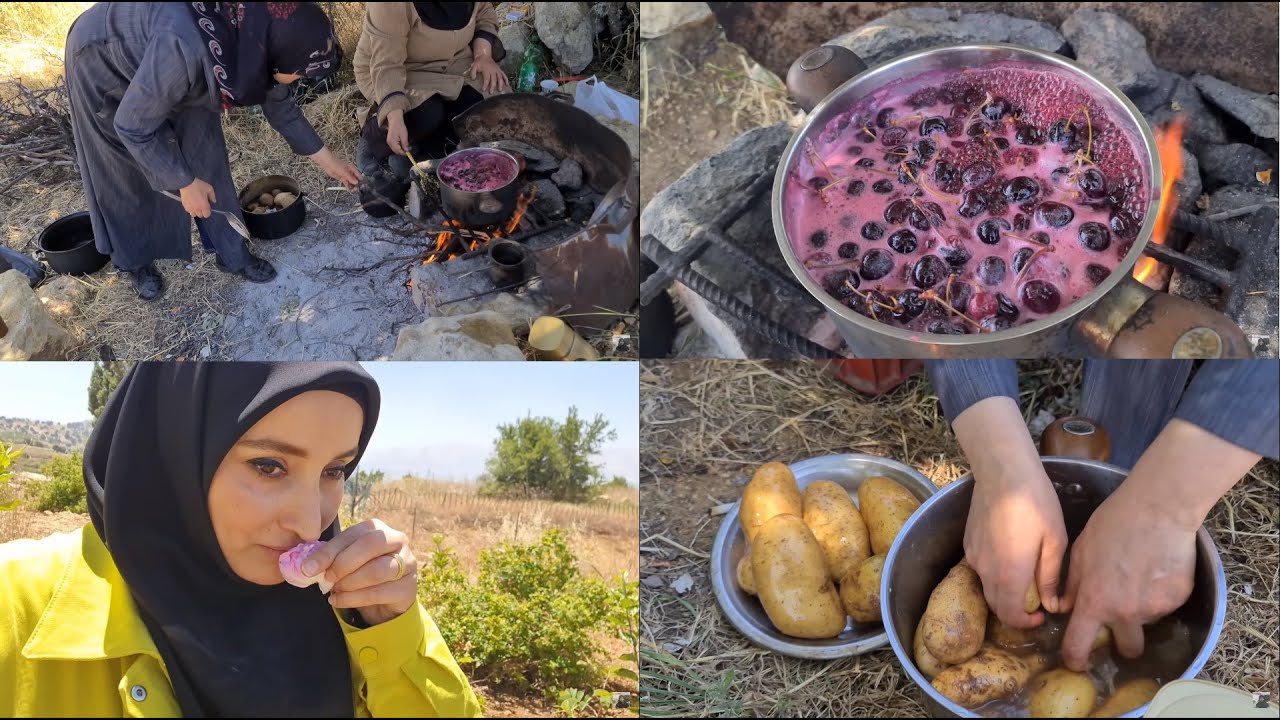 إم حسين عملت مربى الكرز بأسهل طريقة 🍒موسم الكرز بالجرد. على نار الحطب.شوينا القمح 🌾