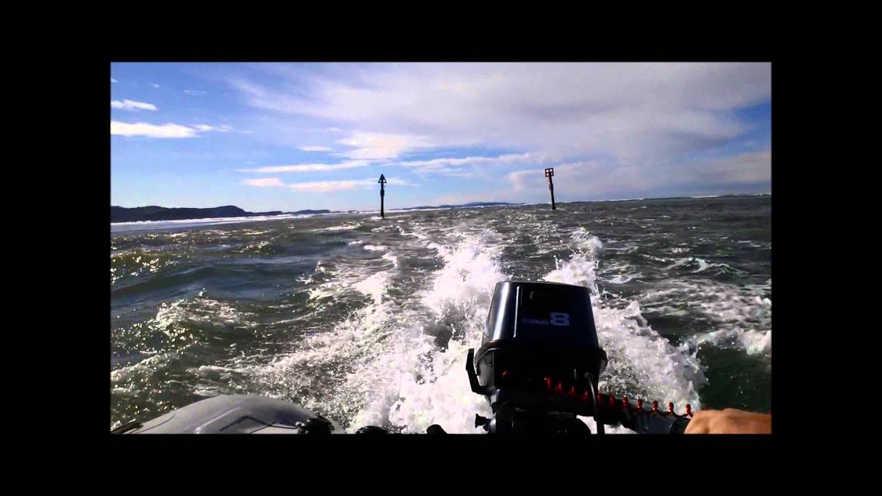 Fast flowing estuary on inflatable boat