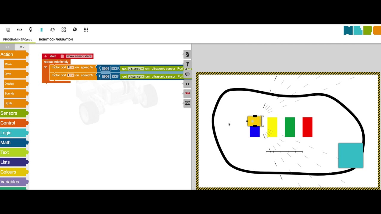 NEPO® Braitenberg Vehicle 2a and 2b with Open Roberta® Simulator