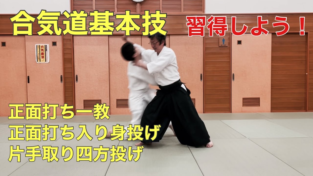合気道基本技　正面打ち一教、正面打ち入り身投げ、片手取り四方投げ