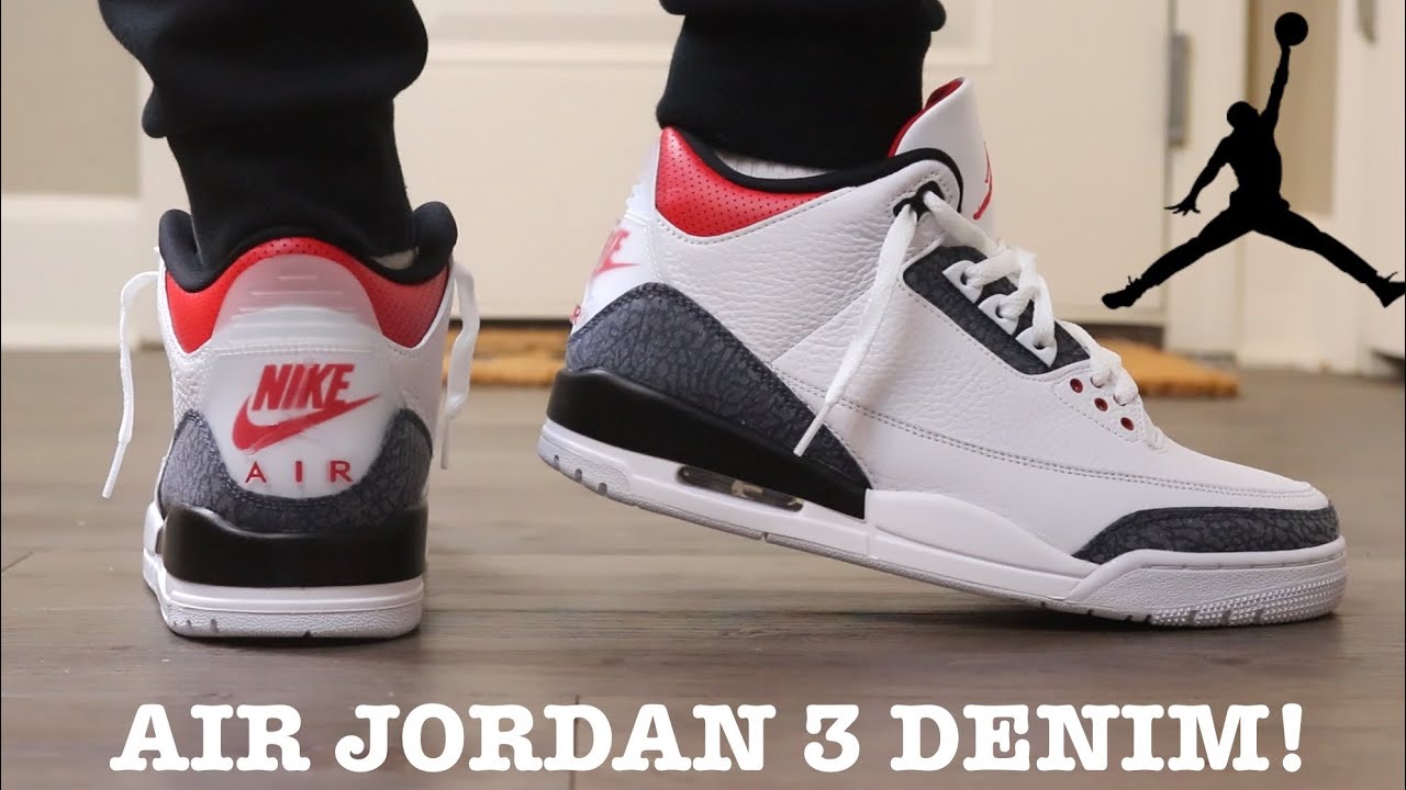 jordan 3 denim fire red on feet