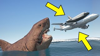 Megalodon Shark Attacks Boeing 747 Shuttle Carrier Aircraft When Flying Too Low To Ocean | GTA 5