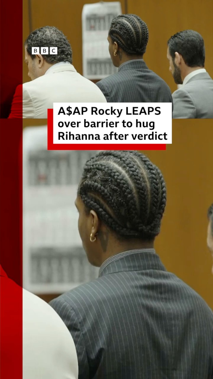 A$AP Rocky leaps over barrier to hug Rihanna after verdict. #ASAPRocky #Rihanna #BBCNews
