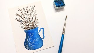 Watercolor blue vase painting tutorial » How to paint Easter floral willows for beginners REAL TIME