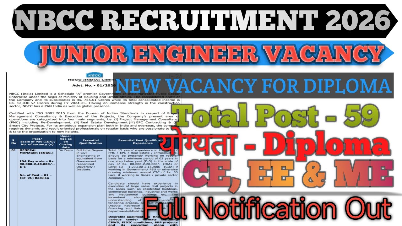 NBCC Junior Engineer New Vacancy 2026 | Diploma Civil, Ele & Mech | Salary, Syllabus & Exam Pattern