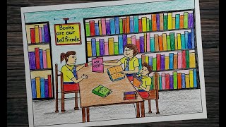 How to draw Library scene step by step l Library scene drawing