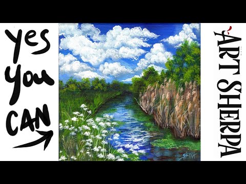 Green Summer Landscape Reflections in Stream  Acrylic painting Tutorial step by step