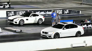 White Mercedes Benz AMG GT S Vs. White BMW M3 Drag Race - Las Vegas 6-2-2023 - 4K UHD