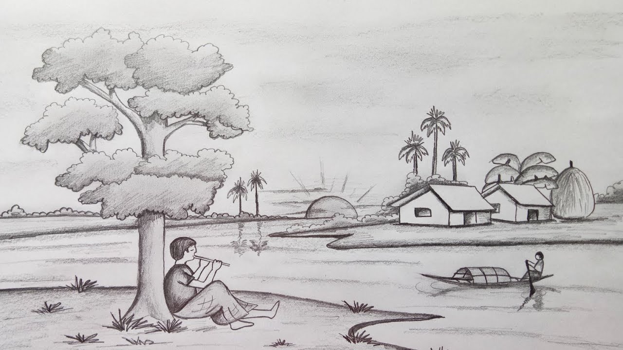 How to draw Scenery Landscape by pencil sketch Step by 