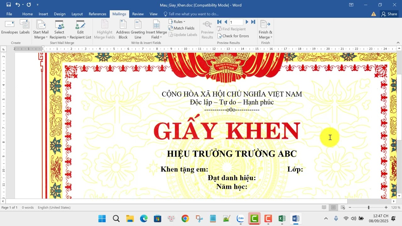 🎥 Hướng dẫn in giấy khen từ Excel sang Word tự động - youtube