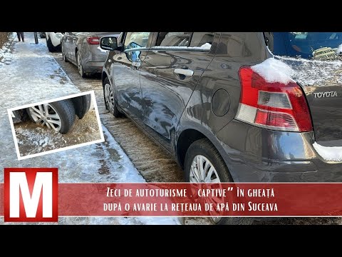 Zeci de autoturisme „captive” în gheață după o avarie la rețeaua de apă din Suceava
