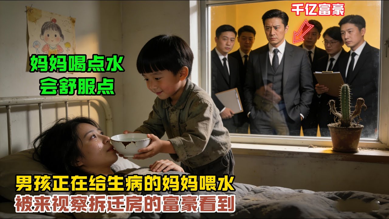 “媽媽喝點水，會舒服點！”男孩正在給生病的媽媽餵水，千億富豪來視察折遷房看到了這一幕，當場做了一個驚人的決定！#感人故事 #感人壹幕 #故事分享