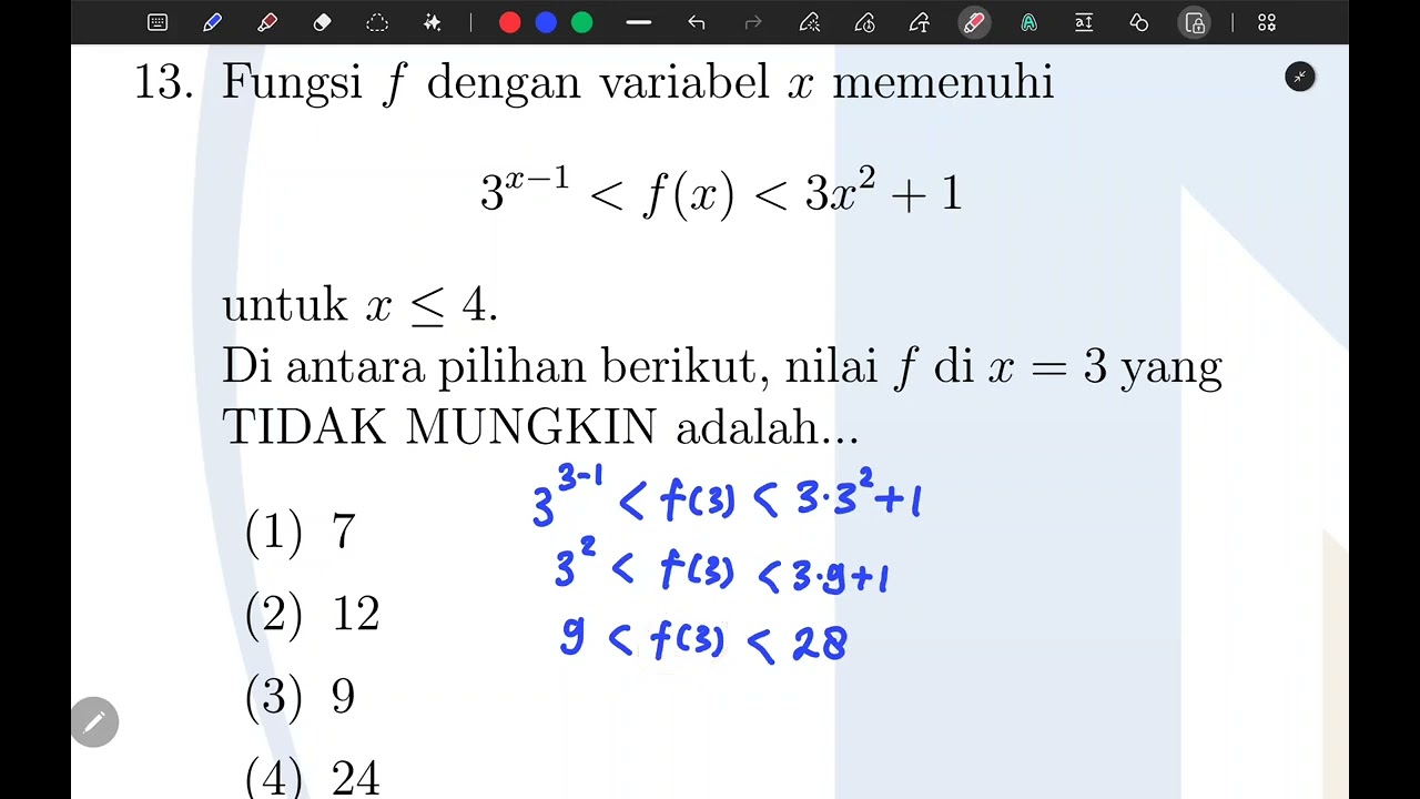 1.13 Fungsi f memenuhi 3^(x−1)  f(x)  3x² + 1. Nilai f(3) yang tidak mungkin … | UTBK 2025 – PK1