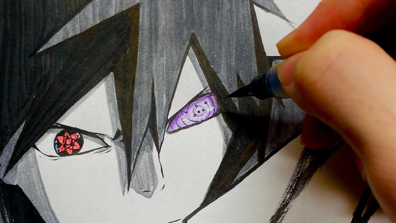 ナルト Naruto うちはサスケ筆ペンで描いてみた 墨絵 筆絵 アナログイラスト Drawing Sasuke Uchiha From Anime Naruto Youtube