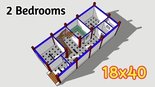 18x40 2 bedrooms house plan design | 700 Square feet building plan | 18x40 Makan ka naksha