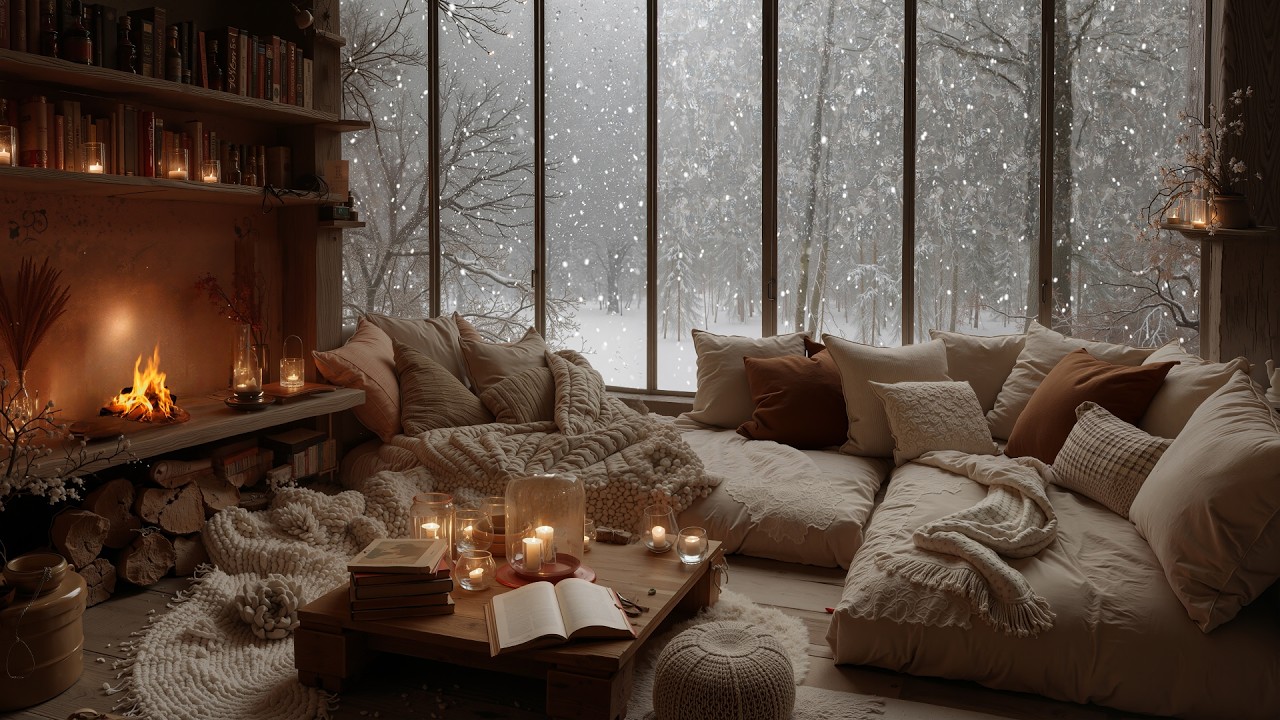 Cozy Forest Cabin by the Fireplace ⛄ Soft Piano & Falling Snow for Deep Sleep & Relaxation