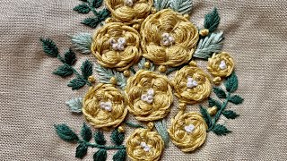 左利きさんの刺繍教室 第16回　ウェブローズステッチ応用編　ふわもこお花　application of wave rose stitch ,lefthand