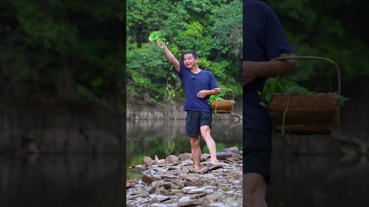 Traditional Chinese Rural Life Fishing On A Bamboo Raft Wild Vegetable Hotpot Food