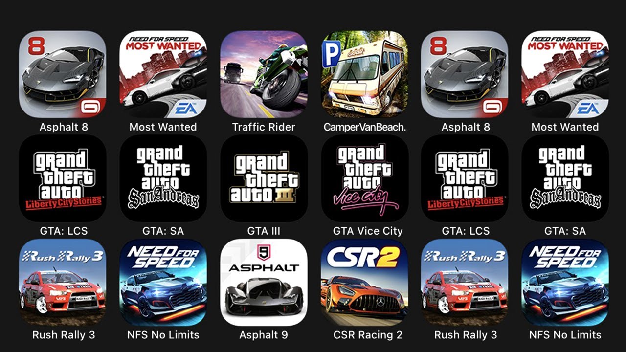 Asphalt 8, Most Wanted, Traffic Rider, Camper Van Beach, GTA: LCS, GTA: SA, GTA III, GTA Vice City..