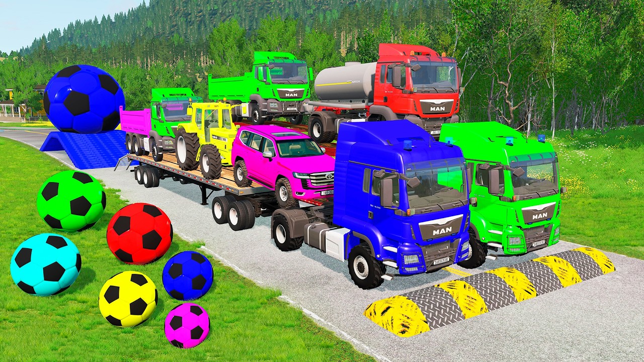 Flatbed Trailer McQueen Transportation with Truck - Speedbumps vs Cars vs Train - BeamNG.Drive #79