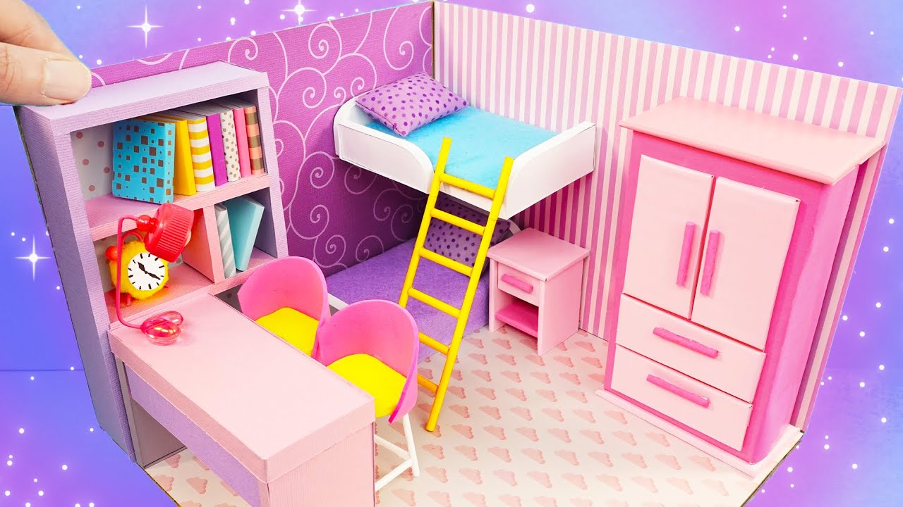 How to Make Easy DIY Miniature Cardboard House Purple Bedroom for Two