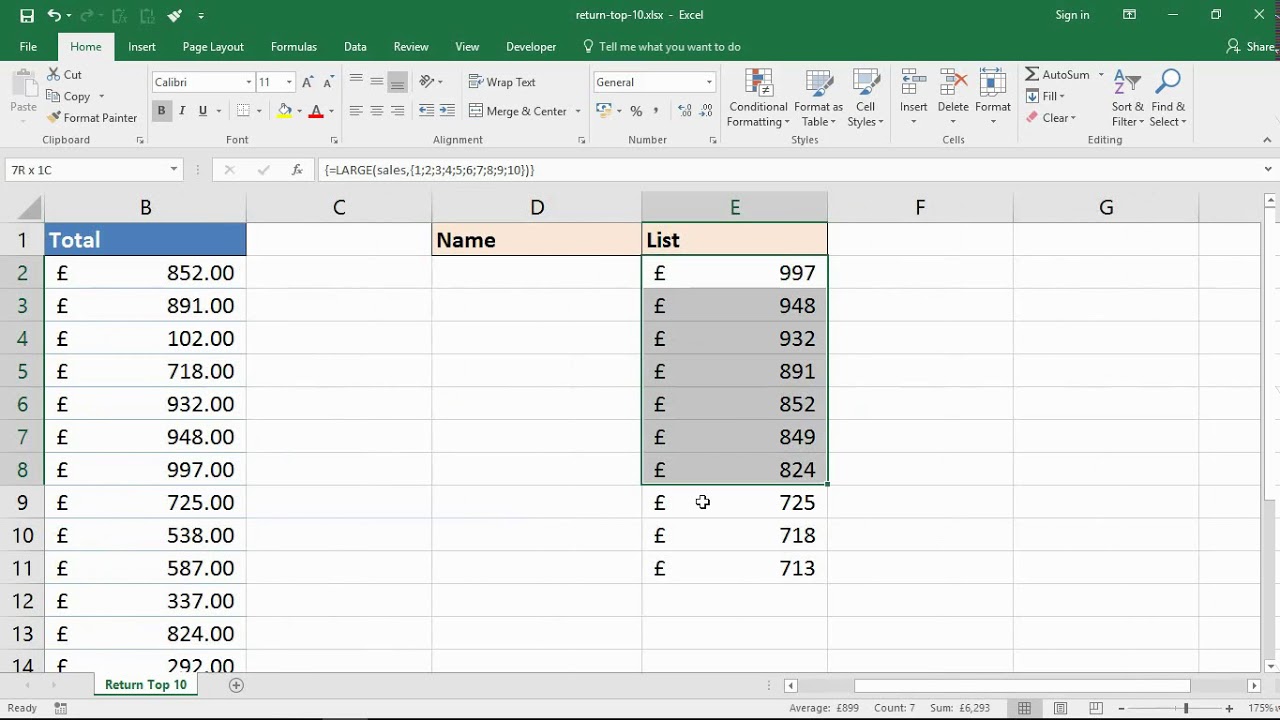 Excel Top 10 Chart