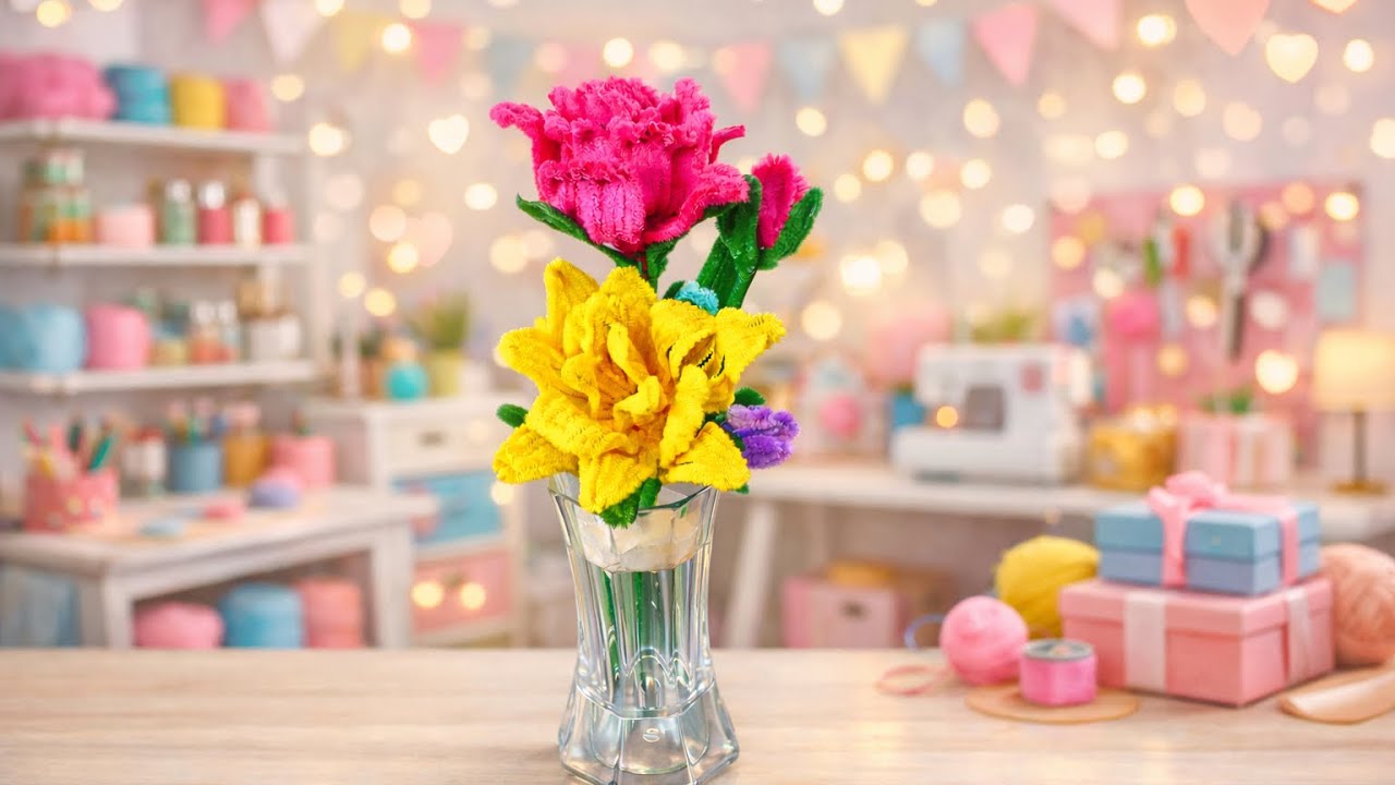 DIY Colourful Flower Bouquet at Home | Pipe Cleaner Craft | Rose flower | Happy Rose Day #diy