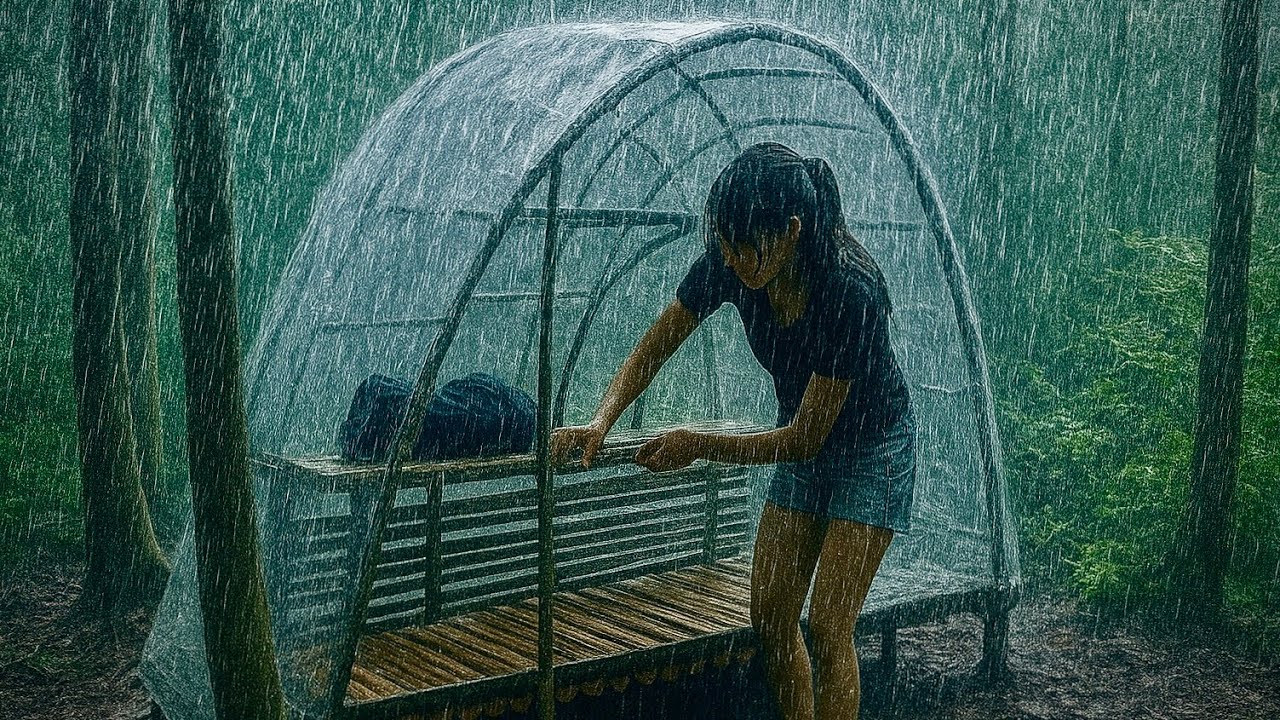 Build a shelter out of plastic wrap in the pouring rain