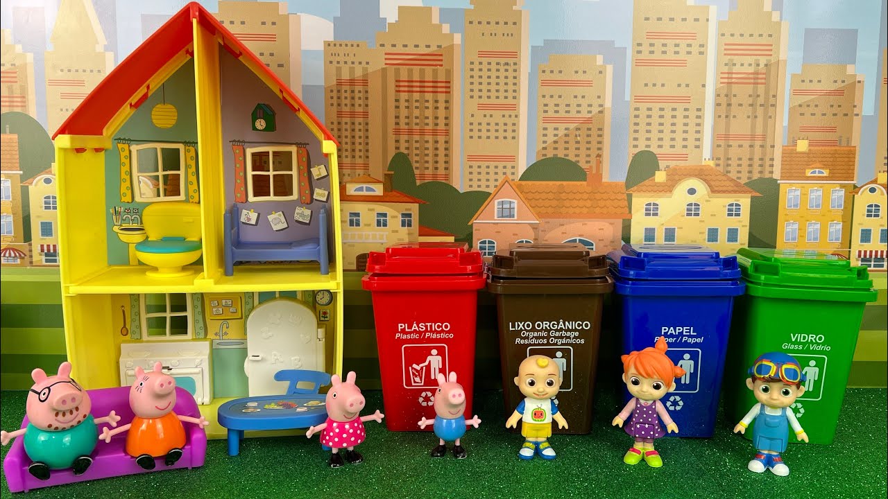 Peppa Pig e o George brincam com blocos de brinquedo coloridos! História  infantil com papai Pig 